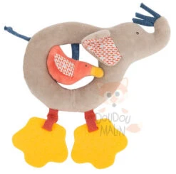 Moulin Roty Collection Les Papoums Hochet Anneau éléphant Gris Rose Jaune Oiseau