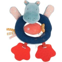 Moulin Roty Collection Les Papoums Hochet Anneau Hippopotame Bleu Rouge Poisson
