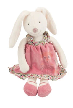 Moulin Roty Myrtille & Capucine Peluche Lapin Rose Blanc Robe