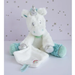 Baby'Nat - Poussière D'étoiles - Peluche Mouchoir Licorne Bleu Blanc 35 Cm