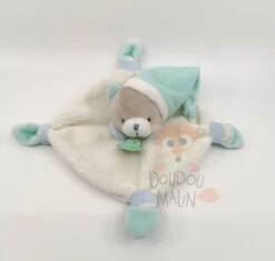 Baby'Nat Doudou Plat Ours Blanc Bleu Turquoise 20 Cm