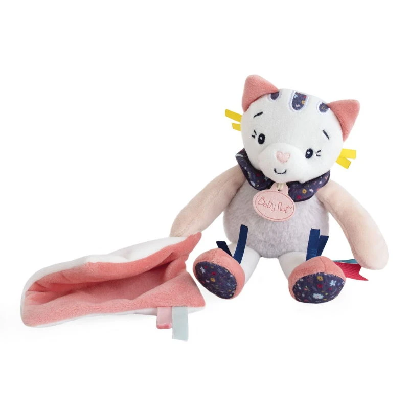 Baby'Nat - Pollen Le Chat - Doudou Mouchoir Blanc Rose 22 Cm 1 Baby'Nat - Pollen Le Chat - Doudou Mouchoir Blanc Rose 22 Cm