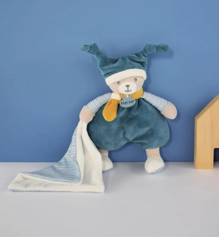 Baby'Nat - Polochon L'ours - Peluche Avec Doudou Bleu Jaune 22 Cm 1 Baby'Nat - Polochon L'ours - Peluche Avec Doudou Bleu Jaune 22 Cm